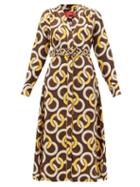 Matchesfashion.com F.r.s - For Restless Sleepers - Clizio Belted Chain-print Silk-satin Dress - Womens - Brown Multi