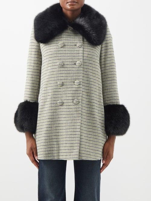 Shrimps - Aurelia Faux Fur-collar Houndstooth Coat - Womens - Green Black