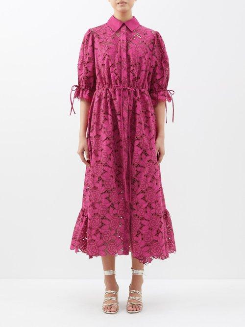 Evi Grintela - Judy Floral-guipure Cotton-blend Midi Dress - Womens - Fuchsia