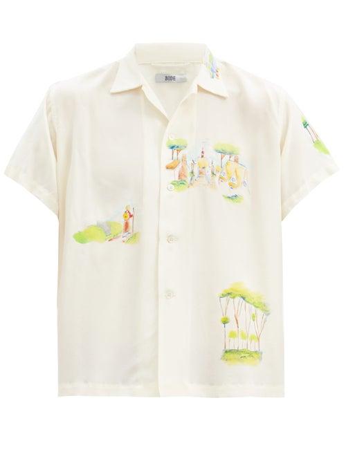 Matchesfashion.com Bode - Hand-painted Landscape Silk Shirt - Mens - Cream