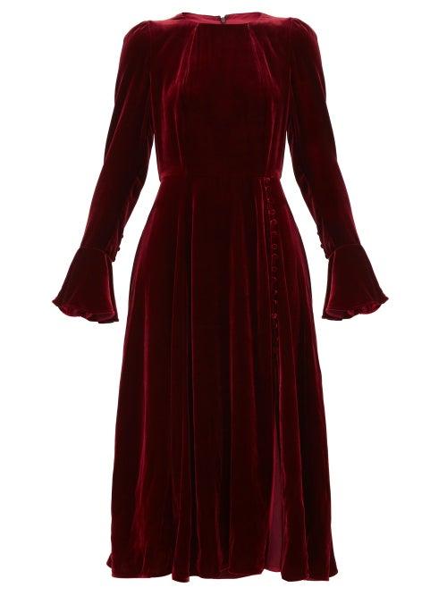 Matchesfashion.com Beulah - Yahvi Fluted Sleeve Velvet Midi Dress - Womens - Burgundy