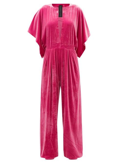 Norma Kamali - V-neck Pleated Velvet Jumpsuit - Womens - Pink