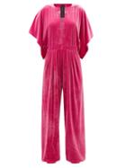 Norma Kamali - V-neck Pleated Velvet Jumpsuit - Womens - Pink
