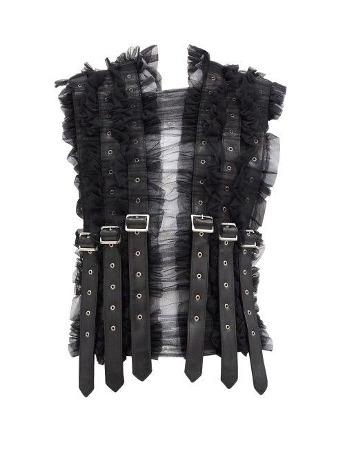 Matchesfashion.com Noir Kei Ninomiya - Faux Leather-strap Ruffled Mesh Top - Womens - Black