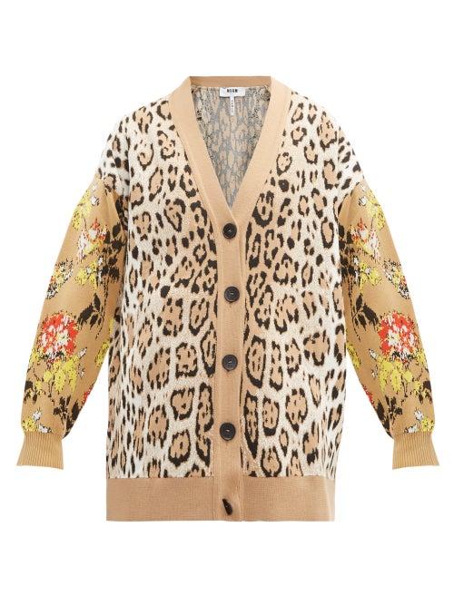 Matchesfashion.com Msgm - Leopard And Floral Intarsia Cardigan - Womens - Beige