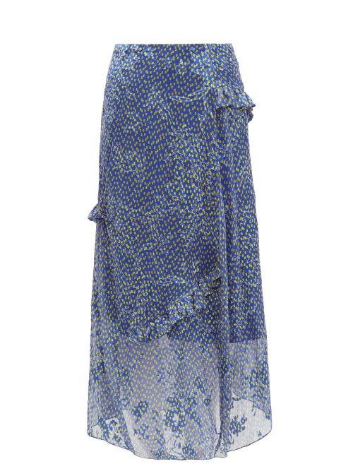 Matchesfashion.com Preen By Thornton Bregazzi - Maya Printed Satin Devor Midi Skirt - Womens - Blue