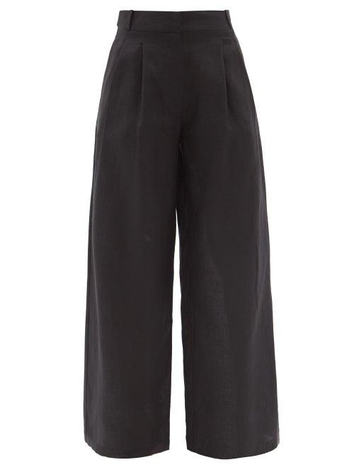 Ladies Lingerie Asceno - Rivello Organic-linen Canvas Wide-leg Trousers - Womens - Black