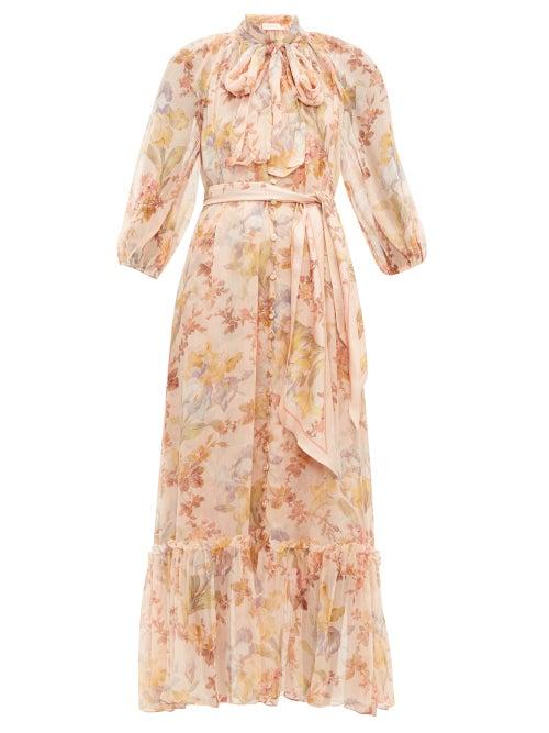 Matchesfashion.com Zimmermann - Espionage Floral Print Pussy Bow Silk Dress - Womens - Cream Print