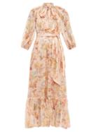 Matchesfashion.com Zimmermann - Espionage Floral Print Pussy Bow Silk Dress - Womens - Cream Print