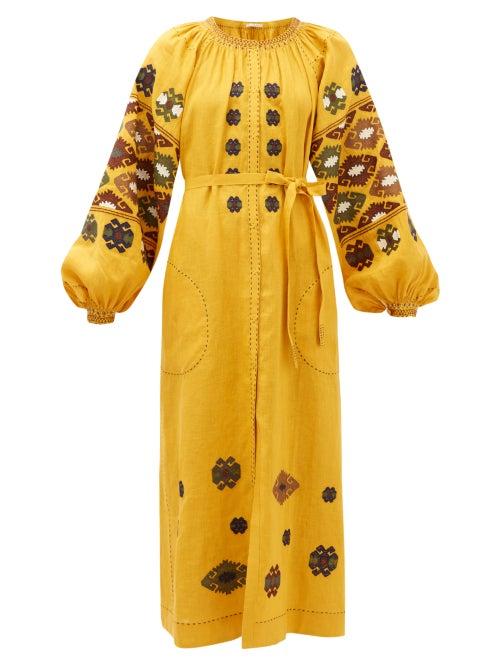 Matchesfashion.com Vita Kin - Bodrum Embroidered-linen Dress - Womens - Dark Yellow