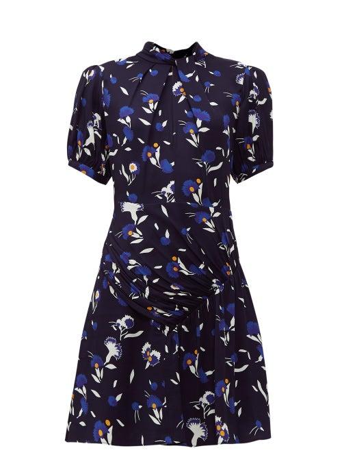 Matchesfashion.com Self-portrait - Gathered Botanical Print Crepe Dress - Womens - Navy Multi