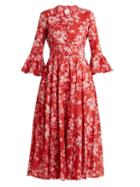 Matchesfashion.com Gl Hrgel - Belted Bell Sleeve Floral Print Cotton Dress - Womens - Red Print