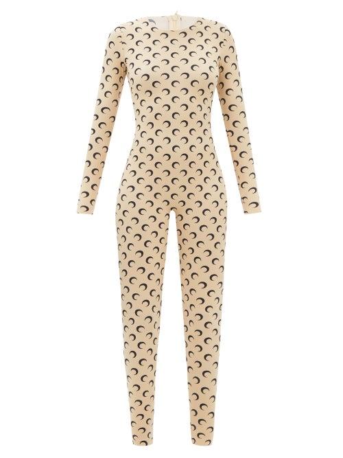 Marine Serre - Crescent Moon-print Jersey Jumpsuit - Womens - Beige Print