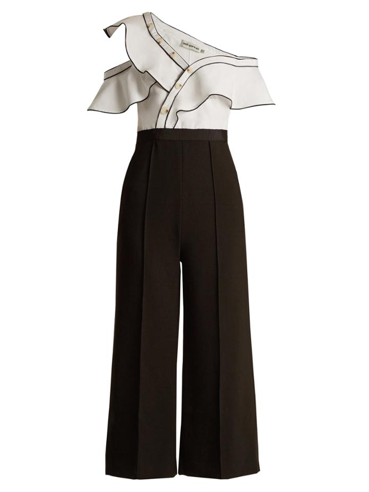 Self-portrait Asymmetric Wide-leg Twill And Cady Jumpsuit