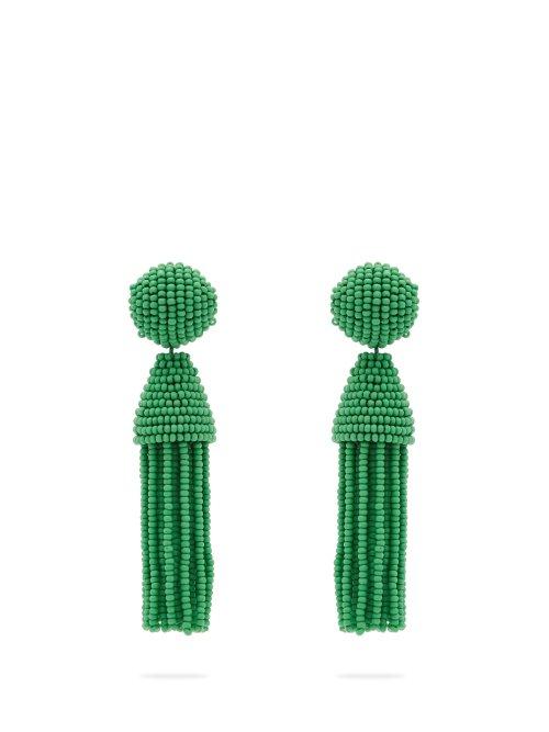 Matchesfashion.com Oscar De La Renta - Beaded Tassel Drop Earrings - Womens - Green