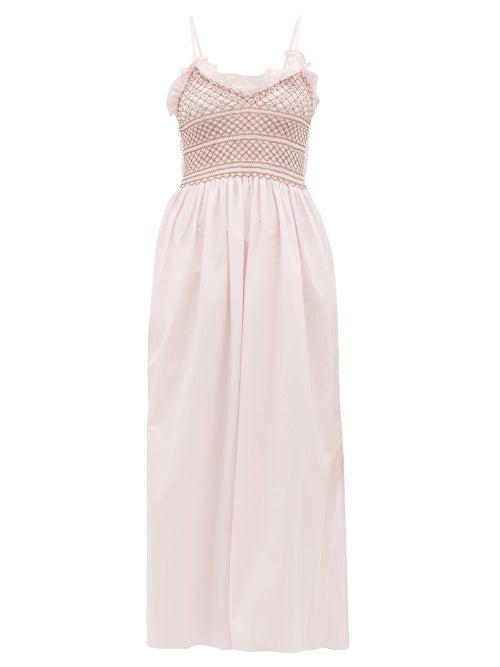 Matchesfashion.com Loretta Caponi - Bianca Shirred-bodice Embroidered Cotton Dress - Womens - Pink Multi