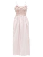 Matchesfashion.com Loretta Caponi - Bianca Shirred-bodice Embroidered Cotton Dress - Womens - Pink Multi