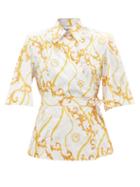Ganni - Short-sleeved Baroque-print Wrap Shirt - Womens - White Multi