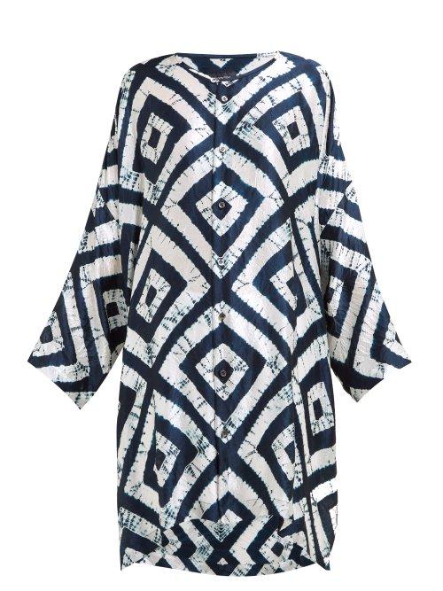 Matchesfashion.com Eskandar - Expanding Squares Shibori Dyed Silk Tunic Shirt - Womens - Navy White