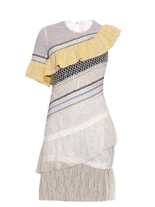 Matchesfashion.com Peter Pilotto - Octave Asymmetric Ruffle Trimmed Lace Dress - Womens - White Multi