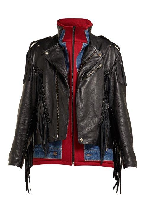 Matchesfashion.com Balenciaga - Layered Effect Fringed Leather Biker Jacket - Womens - Black Multi