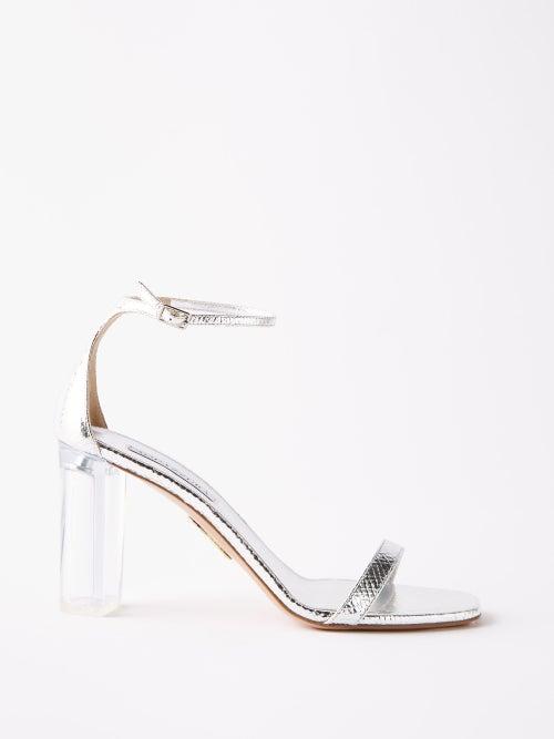 Aquazzura - Theo Plexi 85 Block-heel Leather Sandals - Womens - Silver