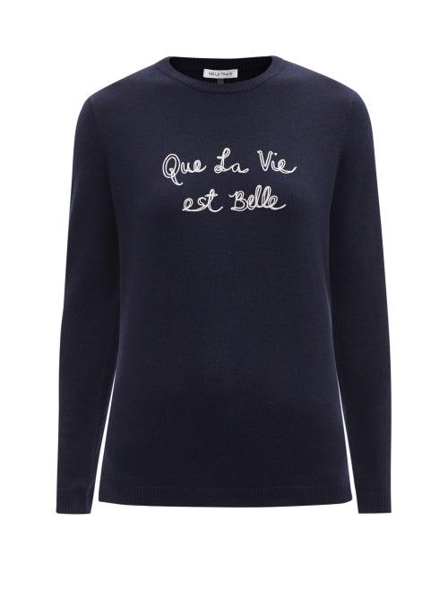Bella Freud - Que La Vie Est Belle Embroidered Wool Sweater - Womens - Navy