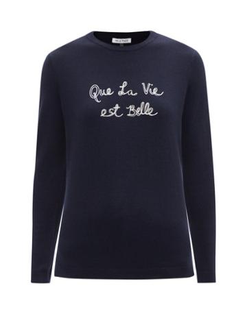 Bella Freud - Que La Vie Est Belle Embroidered Wool Sweater - Womens - Navy