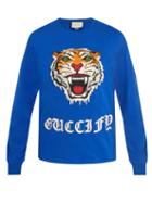 Matchesfashion.com Gucci - Tiger Embroidered Crew Neck Cotton Sweatshirt - Mens - Blue