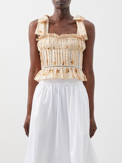 Lug Von Siga - Ophelia Floral-embroidered Linen-blend Voile Top - Womens - Yellow Print