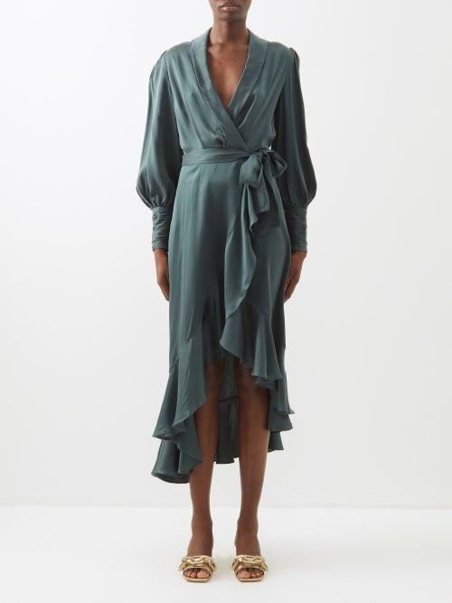 Zimmermann - Wrap-front Silk Midi Dress - Womens - Dark Green
