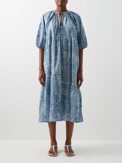 Wiggy Kit - Sapphire Tie-neck Cotton-cambric Midi Dress - Womens - Blue Print