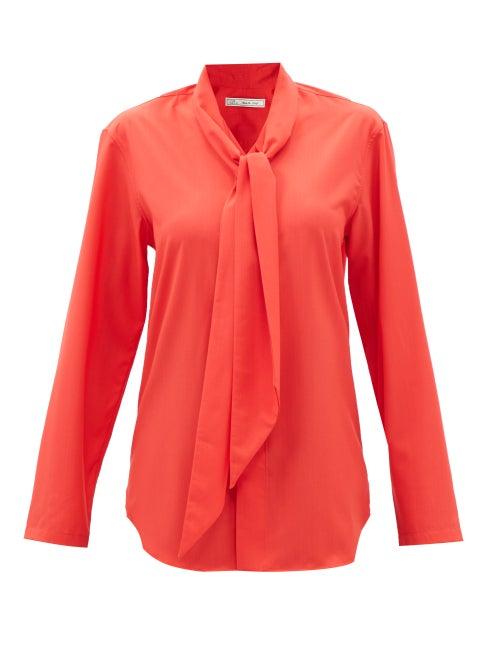 Umit Benan B+ - Pussy-bow Wool-crepe Shirt - Womens - Red