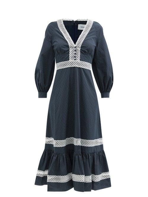 Erdem - Magdalene Lace-trim Cotton-poplin Dress - Womens - Navy White