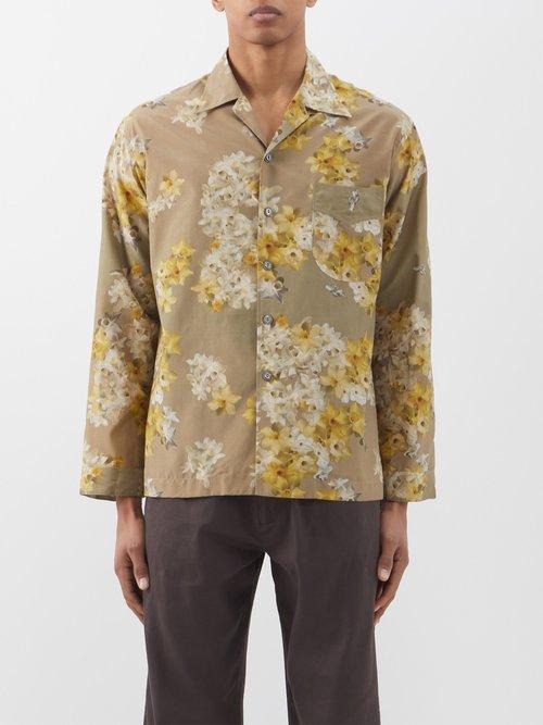 L.e.j - Daffodil-print Cotton-blend Habotai Shirt - Mens - Gold Multi