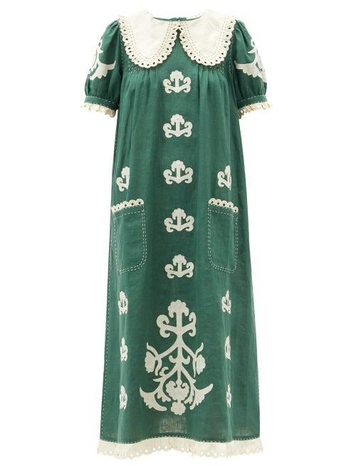 Matchesfashion.com Vita Kin - Daisy Oversized-collar Embroidered Linen Dress - Womens - Green White