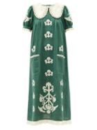 Matchesfashion.com Vita Kin - Daisy Oversized-collar Embroidered Linen Dress - Womens - Green White