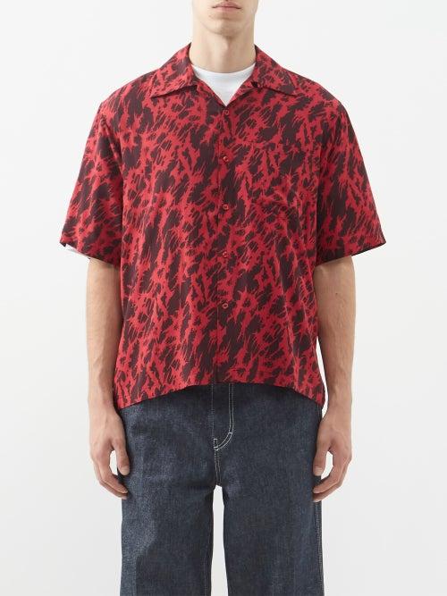 Aries - Short-sleeved Logo-print Twill Shirt - Mens - Burgundy