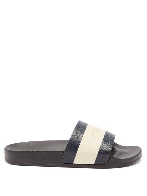 Mens Shoes Frescobol Carioca - Logo-embossed Striped Faux-leather Slides - Mens - Navy Multi