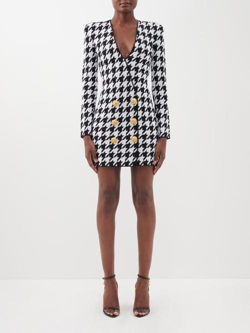 Balmain - Double-breasted Houndstooth-knit Blazer Dress - Womens - Black White