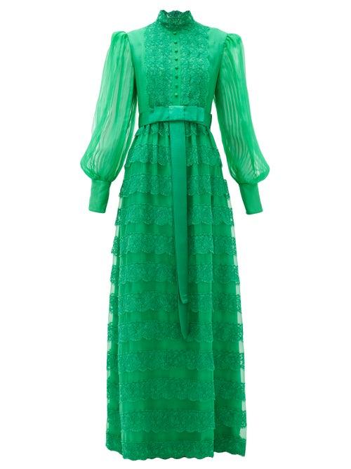 Matchesfashion.com Gucci - Lace-trimmed Tiered Georgette Gown - Womens - Green