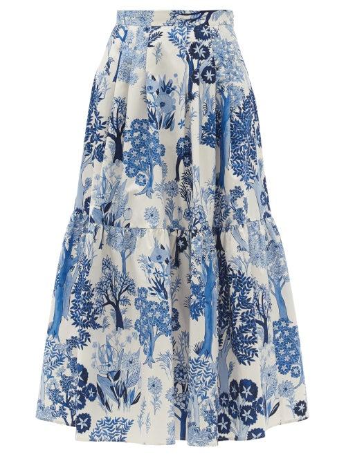 Matchesfashion.com Giambattista Valli - Tree-print Tiered Cotton-poplin Maxi Skirt - Womens - Blue White