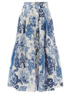 Matchesfashion.com Giambattista Valli - Tree-print Tiered Cotton-poplin Maxi Skirt - Womens - Blue White