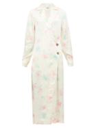 Matchesfashion.com Ganni - Floral Print Satin Wrap Dress - Womens - Ivory Multi