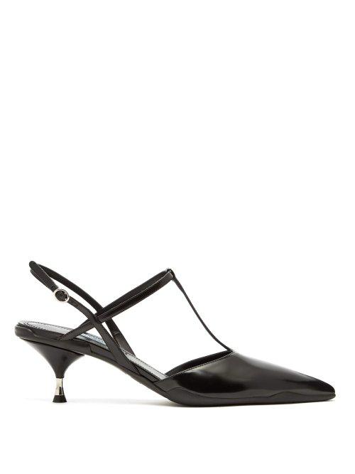 Matchesfashion.com Prada - T Bar Slingback Polished Leather Heels - Womens - Black
