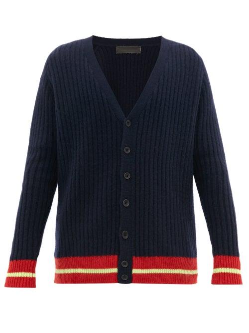 Matchesfashion.com The Elder Statesman - Hem Stripe V Neck Cashmere Cardigan - Mens - Navy Multi