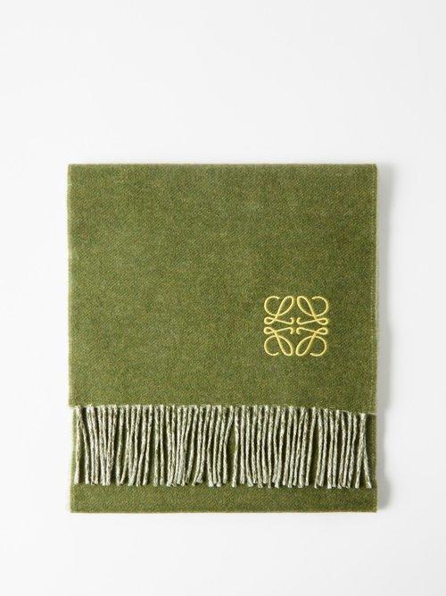 Loewe - Anagram-embroidered Wool-blend Scarf - Womens - Khaki Cream