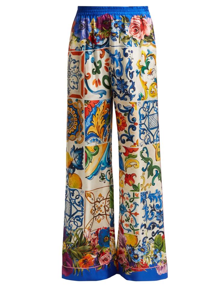 Dolce & Gabbana Majolica And Floral-print Silk-twill Trousers
