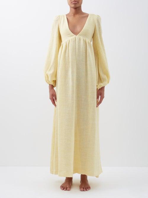Lisa Marie Fernandez - Carolyn Slubbed Linen-blend Maxi Dress - Womens - Yellow Stripe