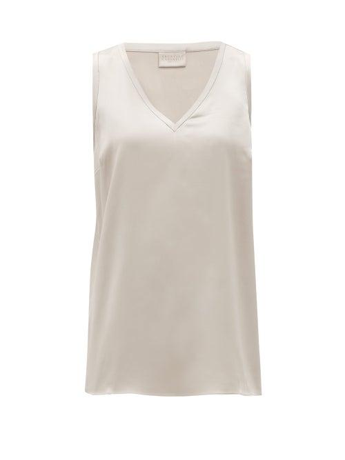 Matchesfashion.com Brunello Cucinelli - V-neck Silk-blend Satin Top - Womens - Light Grey